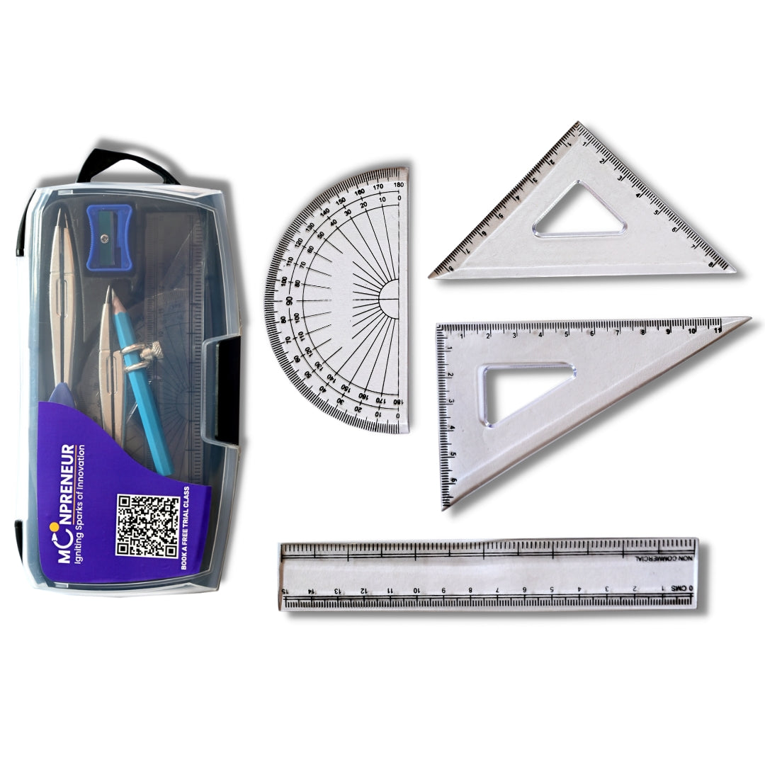 Moonpreneur Geometry Box Made with Durable Shatterproof Plastic Box, Comes with Compass, Protector, Pencil, Ruler, Best Gift for Kids