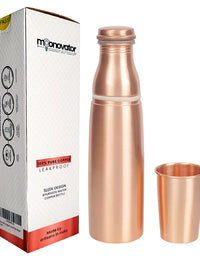 Moonovator 100% Pure Solid Copper Water Bottle with Glass Cap Leak Proof Ayurvedic 34 Oz Pitcher (Copper Bottle With Glass)
