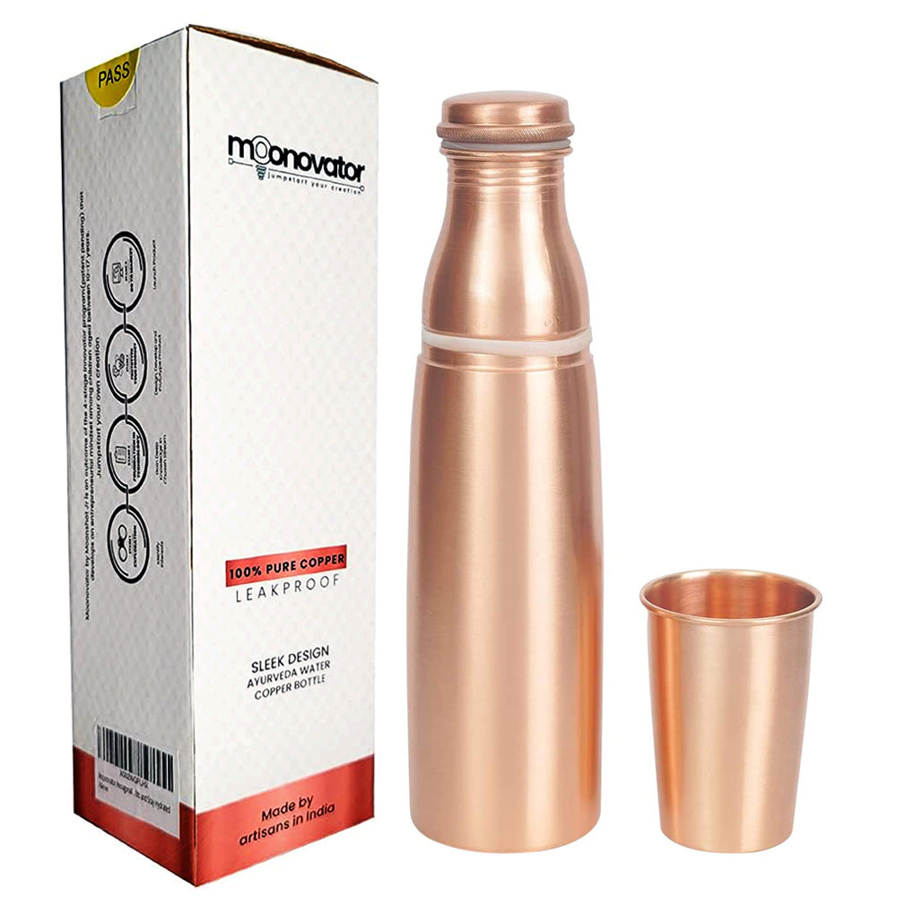 Moonovator 100% Pure Solid Copper Water Bottle with Glass Cap Leak Proof Ayurvedic 34 Oz Pitcher (Copper Bottle With Glass)